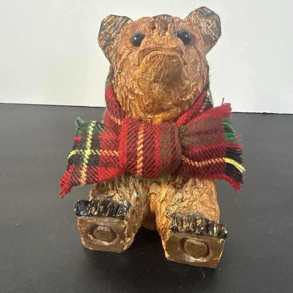 Grizzly Bear Figure Carved‎ Look Resin Wearing A Plaid Scarf Pre Owned